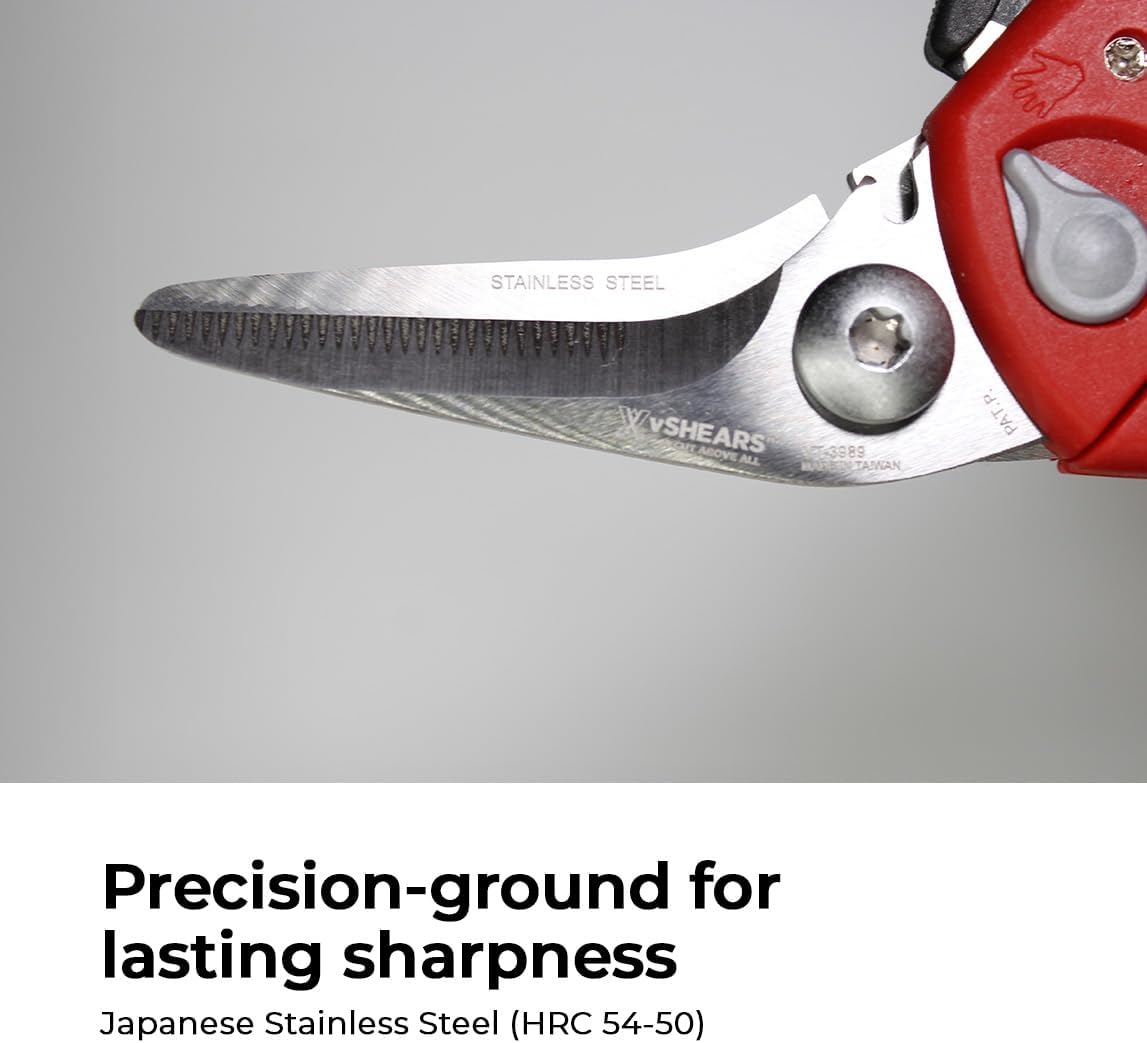 VAMPLIERS 8-Inch Multipurpose Heavy Duty Angled Shears. Serrated Blades Made of Premium Stainless Steel with Wire Cutting Notch. Cuts Wire, Rope, Cord, Insulation, Soft Cable, Many Other Materials.