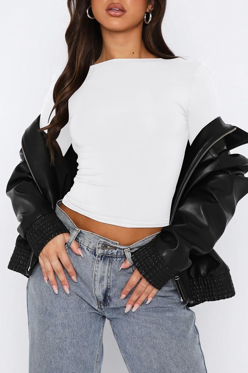 Women’s Long Sleeve Sexy Backless T Shirts Y2K Casual Fall Slim Fitted Crop Top - Image 6