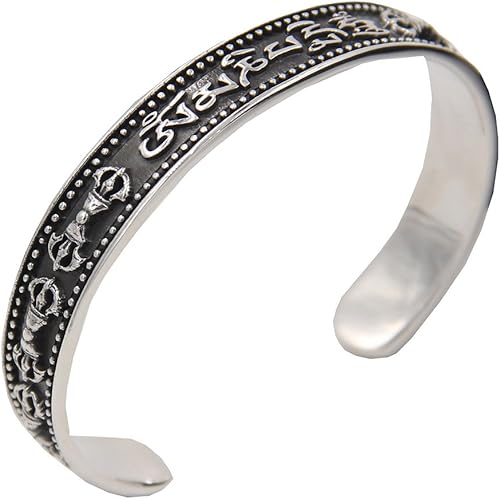 DharmaObjects Pulsera Dorji grande de plata de ley 92.5 maciza Om Mani Padme Compassion Dorji, Metal