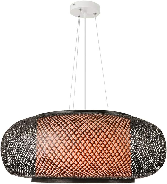 LITFAD Antique Lantern Pendant Lighting Rattan Single Light Weaving Natural Wooden Ceiling Hanging Light Beige Bamboo Ceiling Fixture with Adjustable Cord for Dining Room Living Room Restaurant - 16" - 