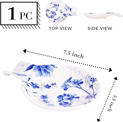 Miniatura 2 de Sonemone Soporte de cuchara de cerámica con diseño de flores de tinta para estufa, soporte de cuchara de 5.5 pulgadas para encimera de cocina,