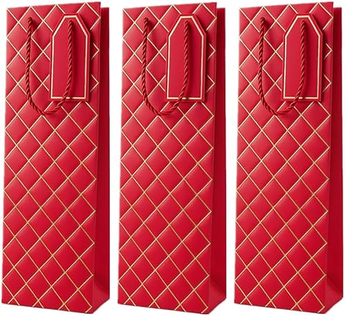 Pack of 3 - Luxury Wine Gift Bag – Quilted Faux Leather Look with Gold Lines, Elegant Bottle Gift Carrier with Rope Handle and Tag (S: 35 X 12CM)