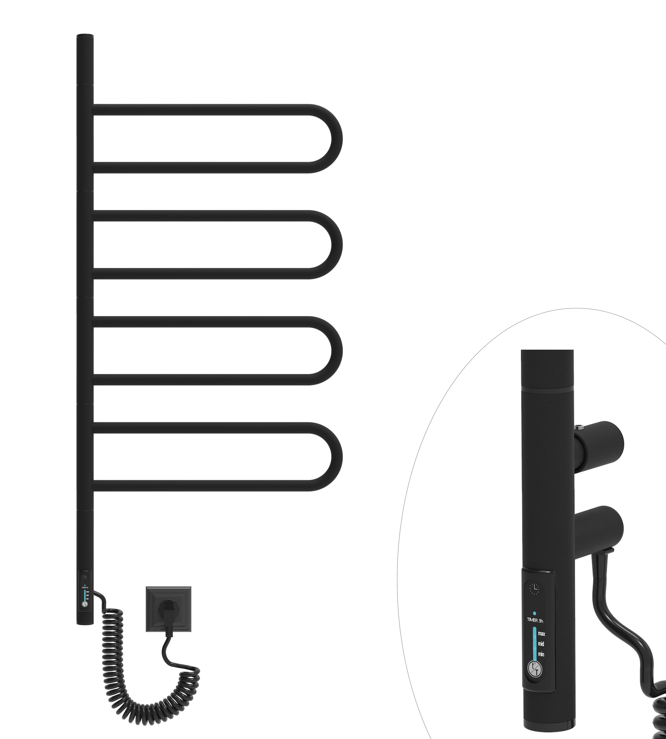 Elna® Handtuchheizkörper Elektrisch Schwarz Matt 102x46 cm, 125W - Badheizkörper Elektrisch Handtuchwärmer Edelstahl 304 mit Timer & Thermostat, IP44-4 Schwenkarme - Handtuchtrockner zur Wandmontage