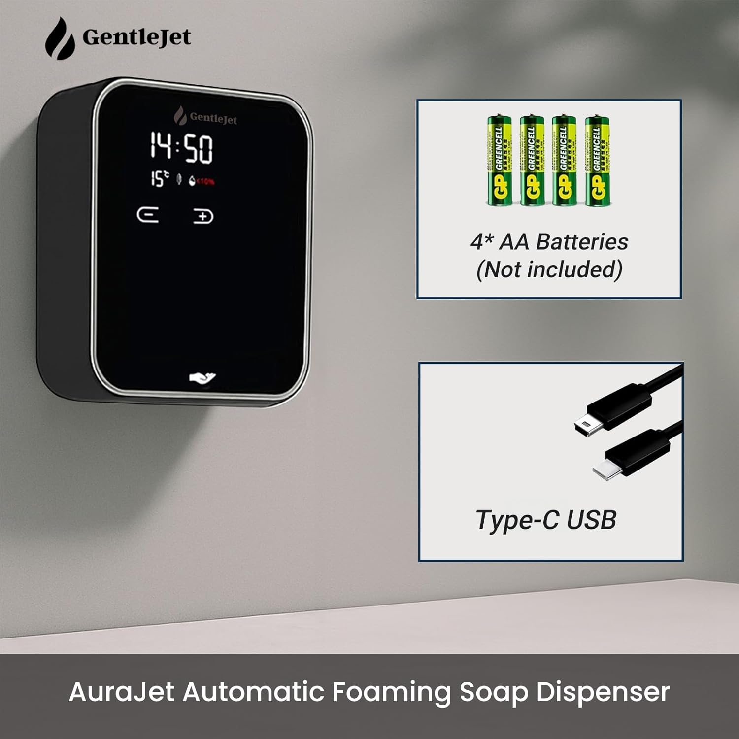 GentleJet AuraJet Automatic Foaming Soap Dispenser Wall Mount – Touchless Sensor, LED Display, 5 Foam Levels, Rechargable USB-C or Battery Powered, Aluminum Alloy, 480 ml Refillable