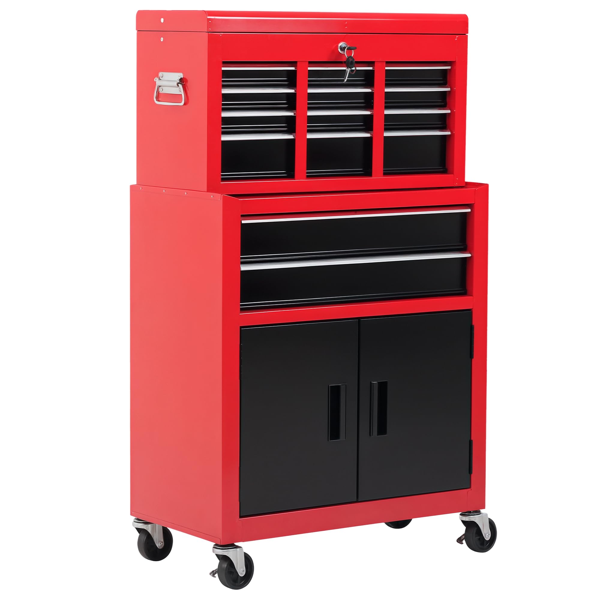 HOMCOM Tool Chest, Metal Tool Cabinet on Wheels with 6 Drawers, Pegboard, Top Chest and Roller Cabinet Combo, 61.6 x 33 x 108cm, Red and Black
