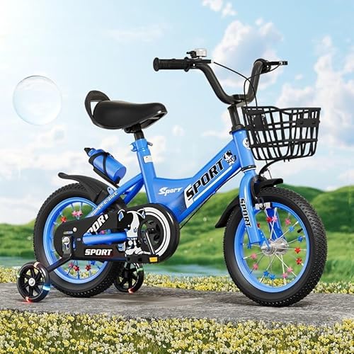 【Banefu】新しい子供用自転車、2〜9歳の男の子と女の子向けの自転車、12〜18インチ 高さ調節可能 高炭素鋼 U字型フレームと厚めのタイヤ フロントとリアのデュアルブレーキ 耐荷重100KG 誕生日プレゼントに最適点滅補助輪付き (ブルー [ケトルタ
