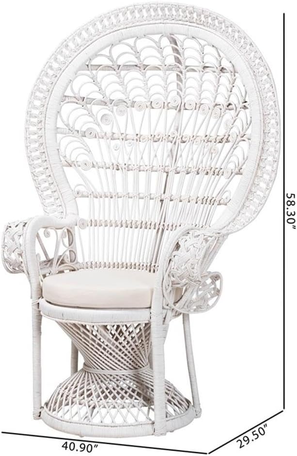 Pemberly Row Modern Bohemian Rattan Peacock Chair, Natural White Finish, 40.9" W x 29.5" D x 58.7" H, Round Backrest, Foam Cushions, Handcrafted Accent Chair for Living Room or Lounge
