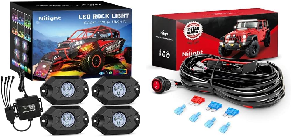 Nilight RGB LED Rock Lights Kit (4 pods) and NI-WA 06 LED Light Bar Wiring Harness Kit