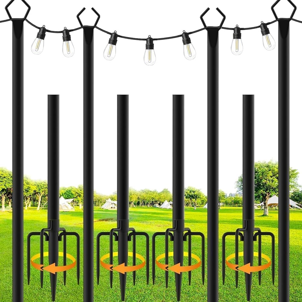 Gresonic Lot de 4 poteaux lumineux en métal de 2,8 m avec fourchette pour guirlandes lumineuses extérieures, poteaux d'éclairage d'extérieur avec fourche, poteaux/poteaux/support pour extérieur, patio