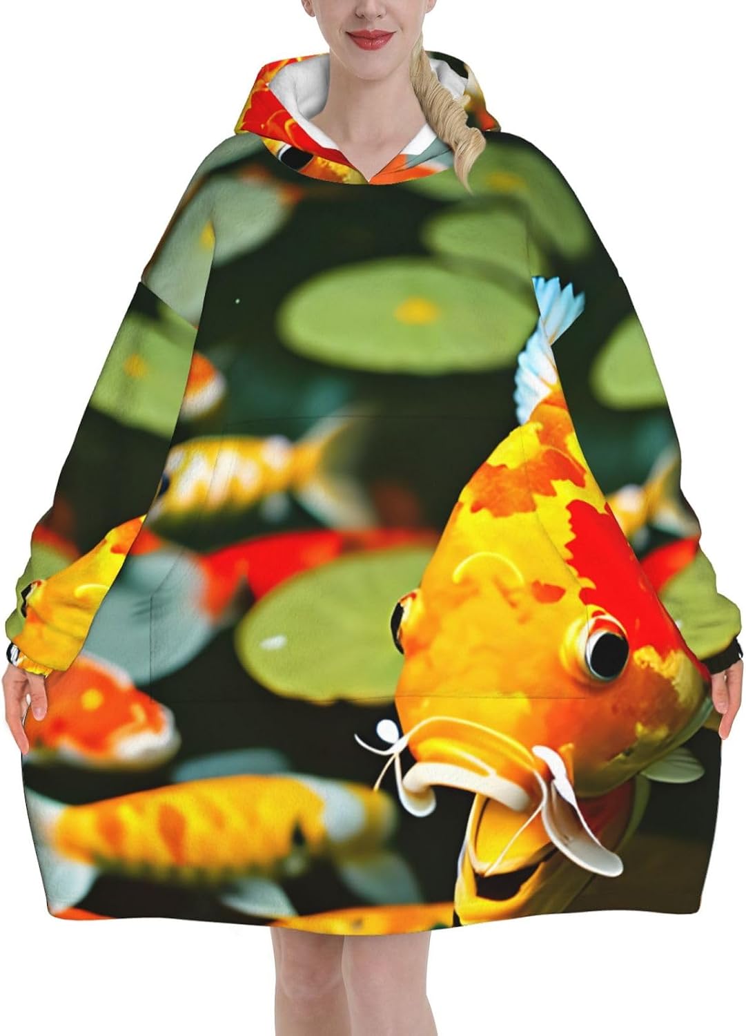 Japanese Pretty Koi Fishprint Oversized Hoodie Blanket, Super Soft Warm Comfortable Hoodie, Wearable Blanket Adult