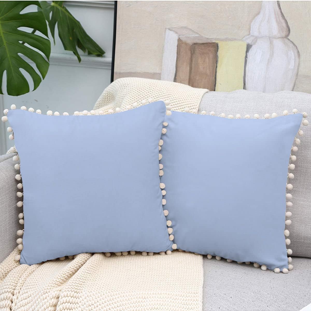 White Pom-Pom Fringe, Solid Light Blue Pillow Shams European Square, 100% Egyptian Cotton, 1000 Thread Count Euro 26x26 Pillow Cover Gorgeous Decorative Pillow Shams