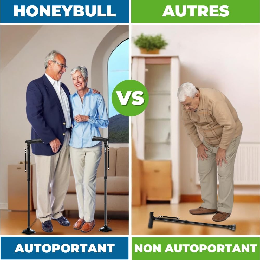 HONEYBULL Canne de Marche Tripode Pliable pour Homme et Femme, Réglable en Hauteur, Base Antidérapante Tout Terrain, Canne en Aluminium Robuste et Légère pour Seniors et Aide à la Mobilité