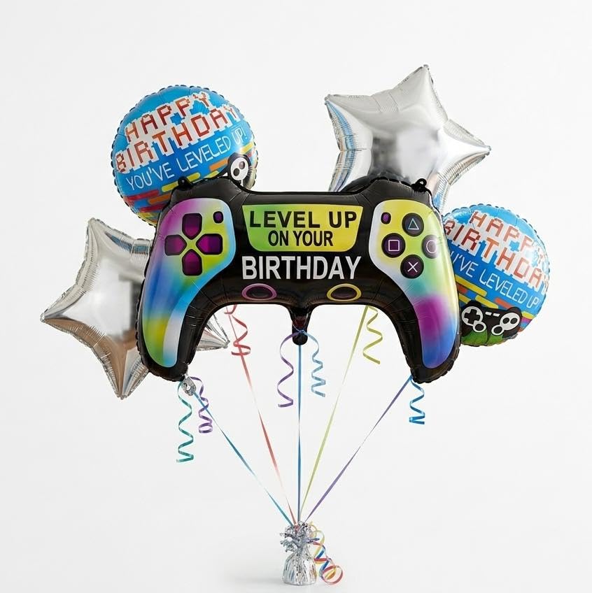 Image of Atpata Funky Gamer Epic Birthday GAME ON! Foil Balloons (Set of 5) Video Game Theme Level Up Birthday Party - Gaming Console Shape Foil Balloon