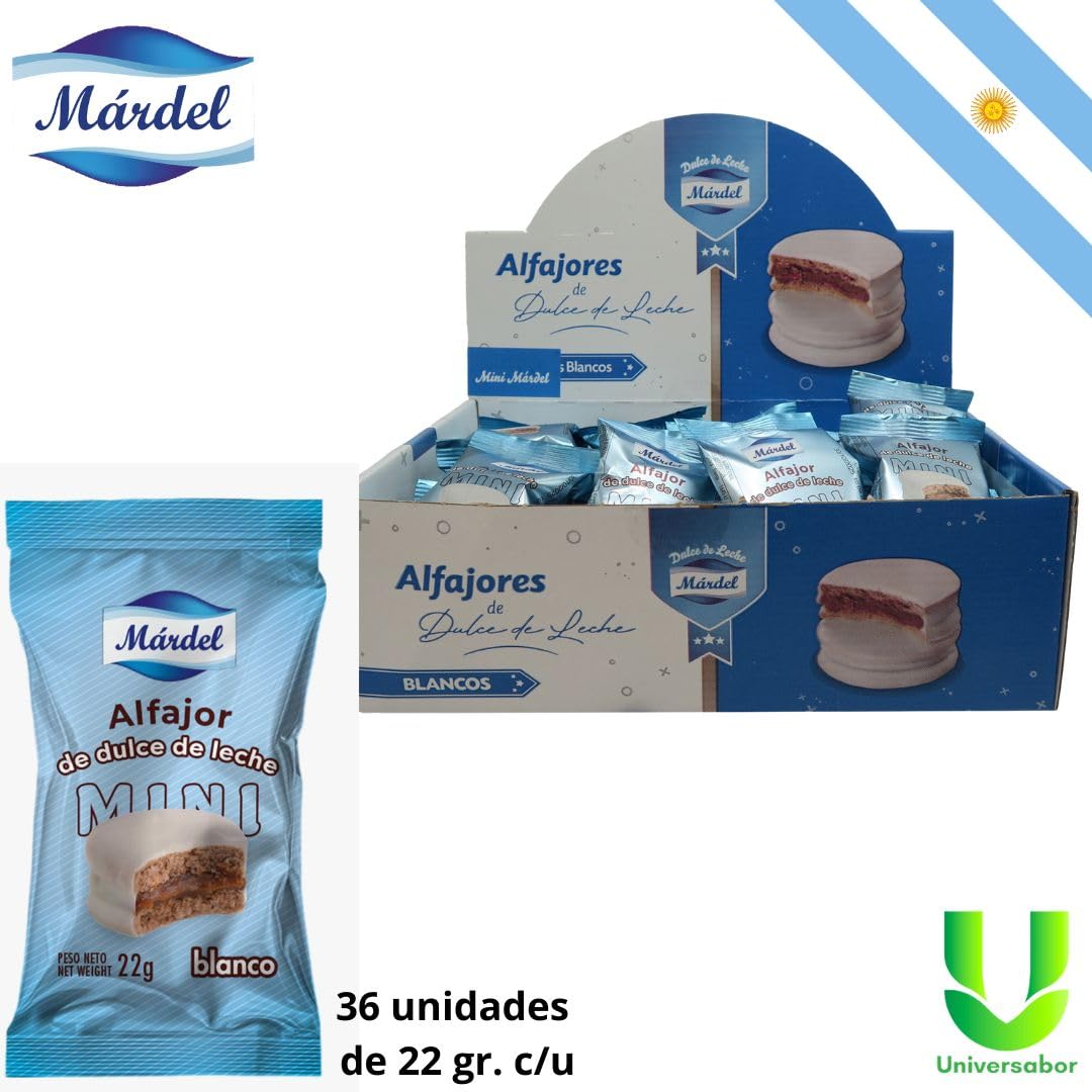 Mardel - Boîte de 36 mini Alfajores au lait (22 g c/u) | trempés dans du chocolat blanc | Délices argentins gourmands | Bouchées individuelles à offrir ou à partager avec chaleur artisanale
