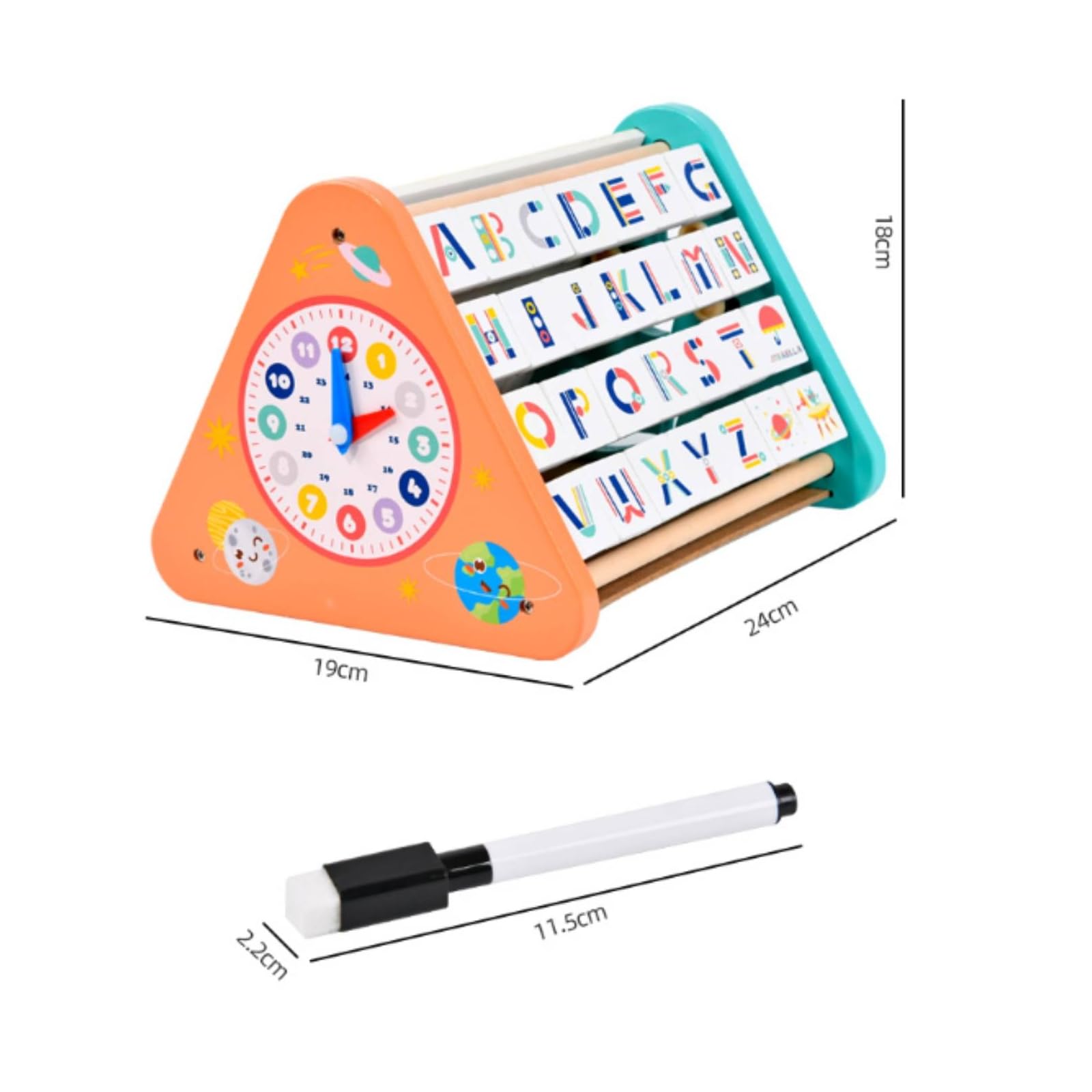 Lernuhr Kinder Lernbrett Uhr Spielbrett Lernboard Holztafel mit Drehzeigern Letter Tiles Und Stiftablage aus Holz für Zahlenverständnis Buchstaben für Kinderzimmer Größe24cm