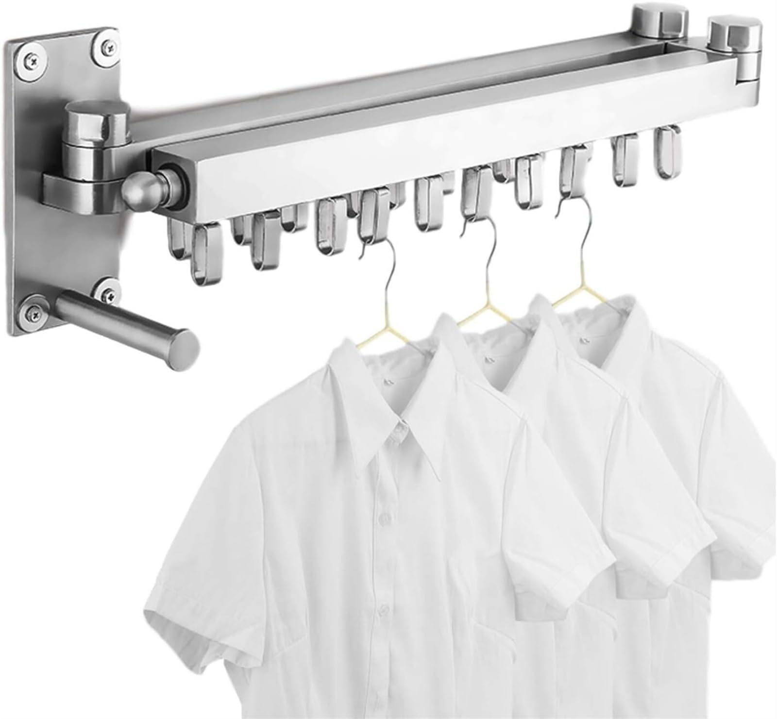 asdchZen Space Saver Wall Mounted Folding Rotatable Clothes Drying Rack With Hanger Storage Bar Aluminium For Balcony Laundry Silver