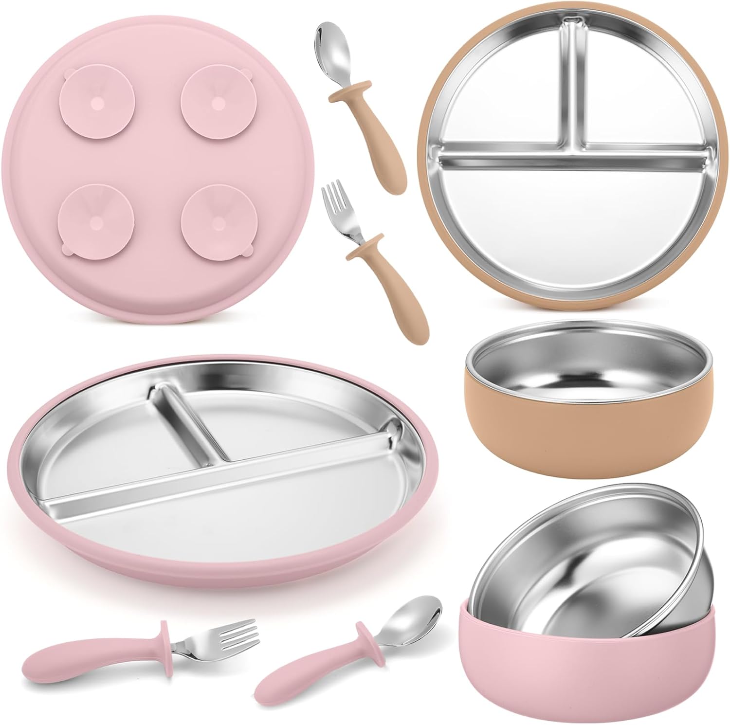 Honeydak 2 Pack Stainless Steel Baby Plates and Bowls with Suction & 2 Pack Spoons and Forks Set Kid Gift Toddler Utensil Baby Feeding Set Divided Plates for Weaning Supplies(Pink,Matte Tan)