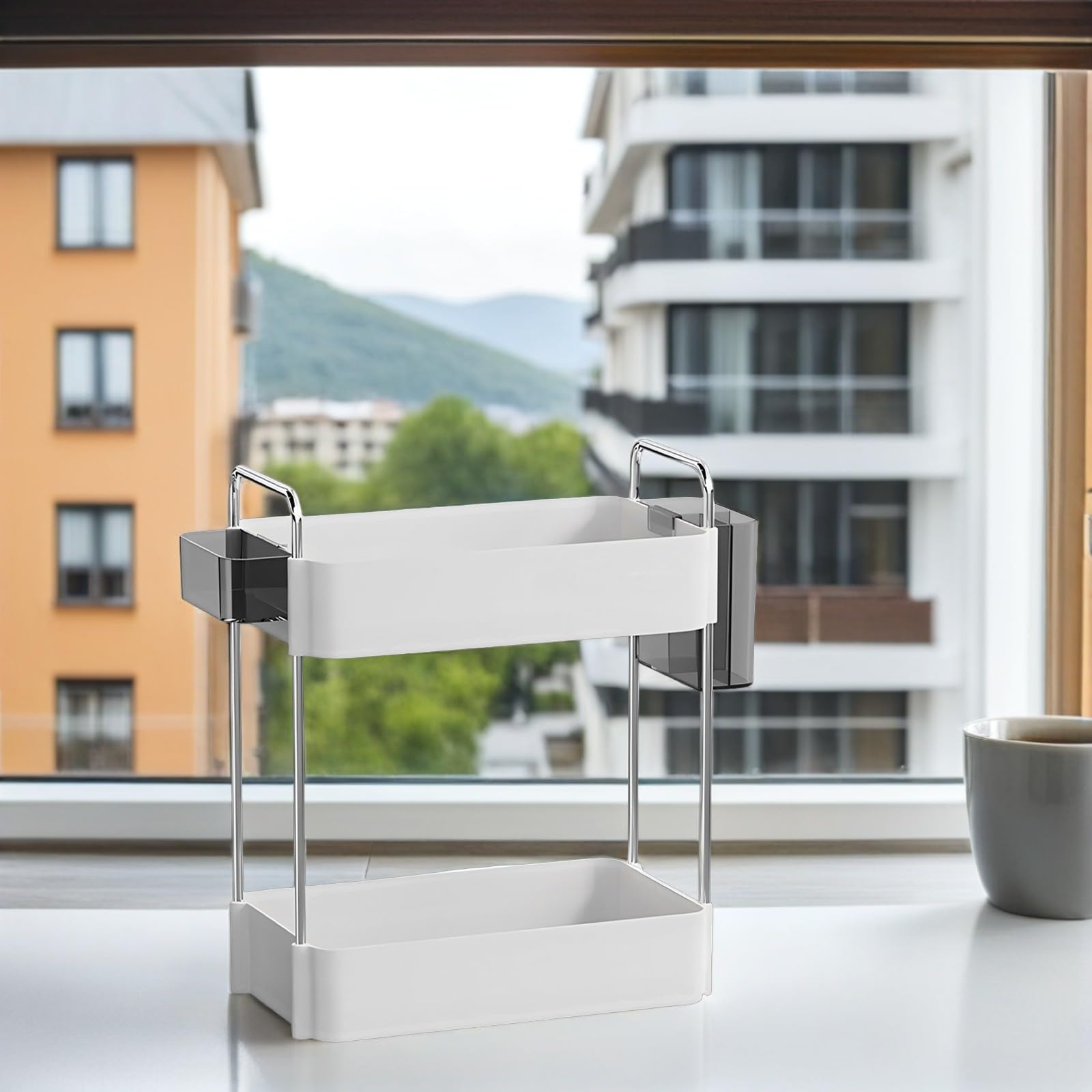 Cestino portaoggetti da bagno a doppio livello, ripiano in acciaio inox per