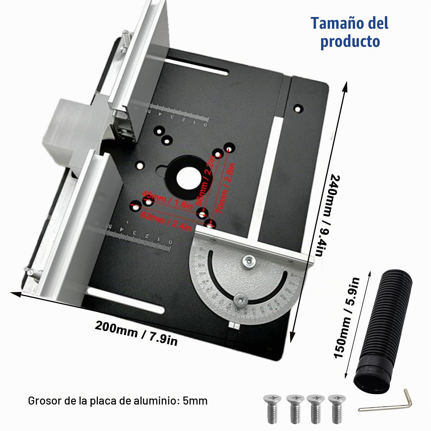 Juego de 3 Placa de Inserción de Mesa de Fresadora de Enrutador de Aluminio, Mesa para Fresadora, Herramienta Auxiliar de Grabado con Inglete, con Medidor de Inglete para Bancos de Carpintería (Negro)
