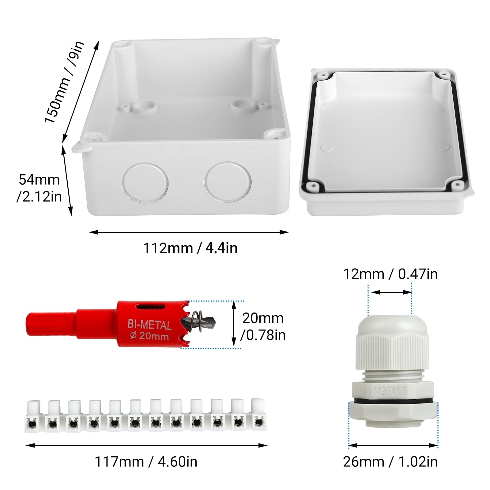 Scatola di Derivazione Impermeabile IP65 da Parete 150x110x70 mm, con 10 pressacavi M20 con guarnizione, inclusa sega a tazza da 20 mm, adatta per cavi Ø6–12 mm
