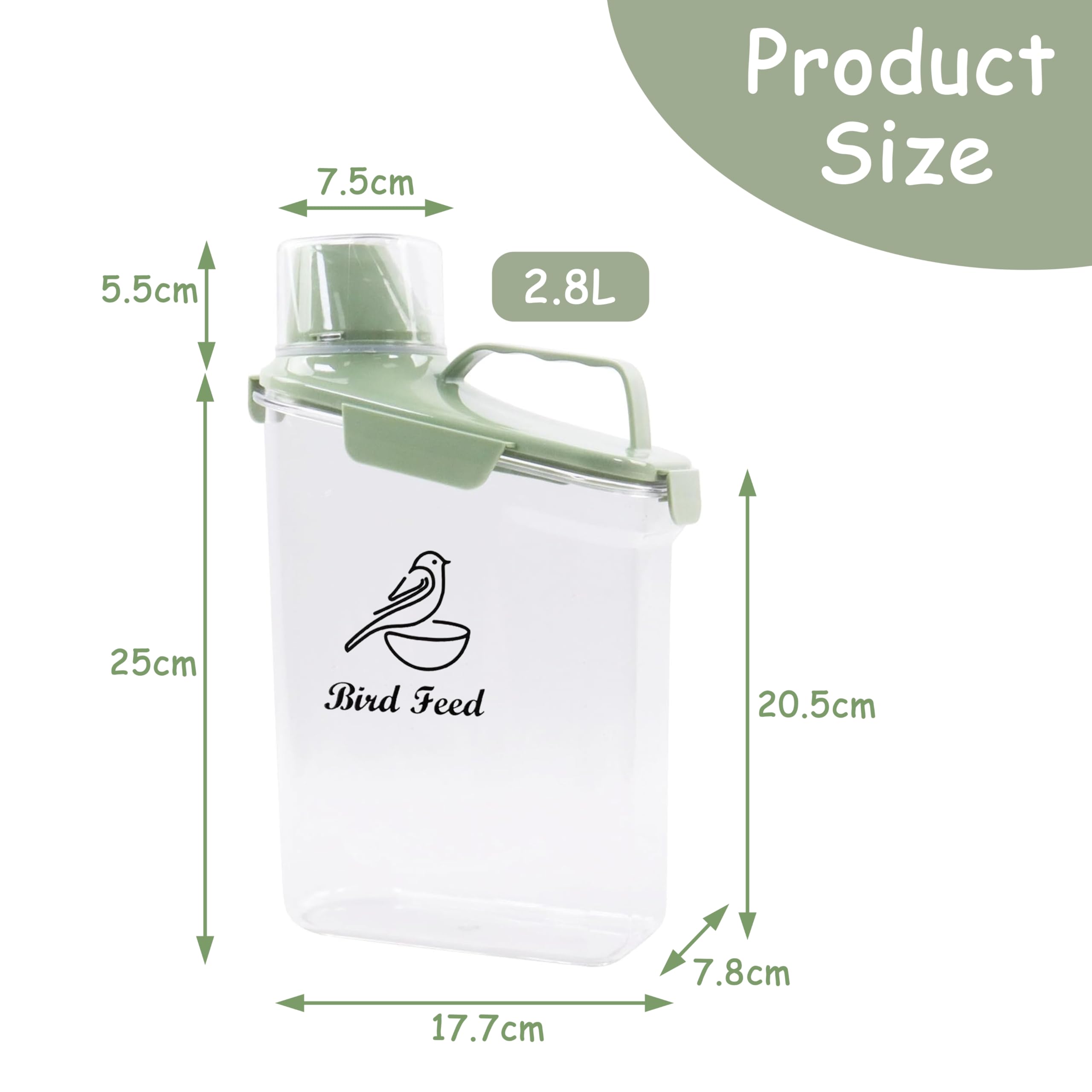 Boîte de rangement de nourriture pour oiseaux - 2,8 l - Avec ouverture étroite - Boîte de rangement hermétique pour nourriture sèche pour chats - Vert