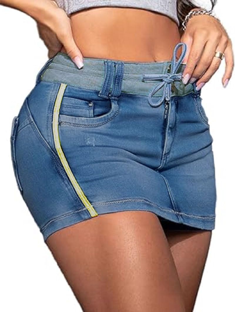 Jean Skirt for Women High Waist Drawstring Contrast Binding Ripped Denim Skort