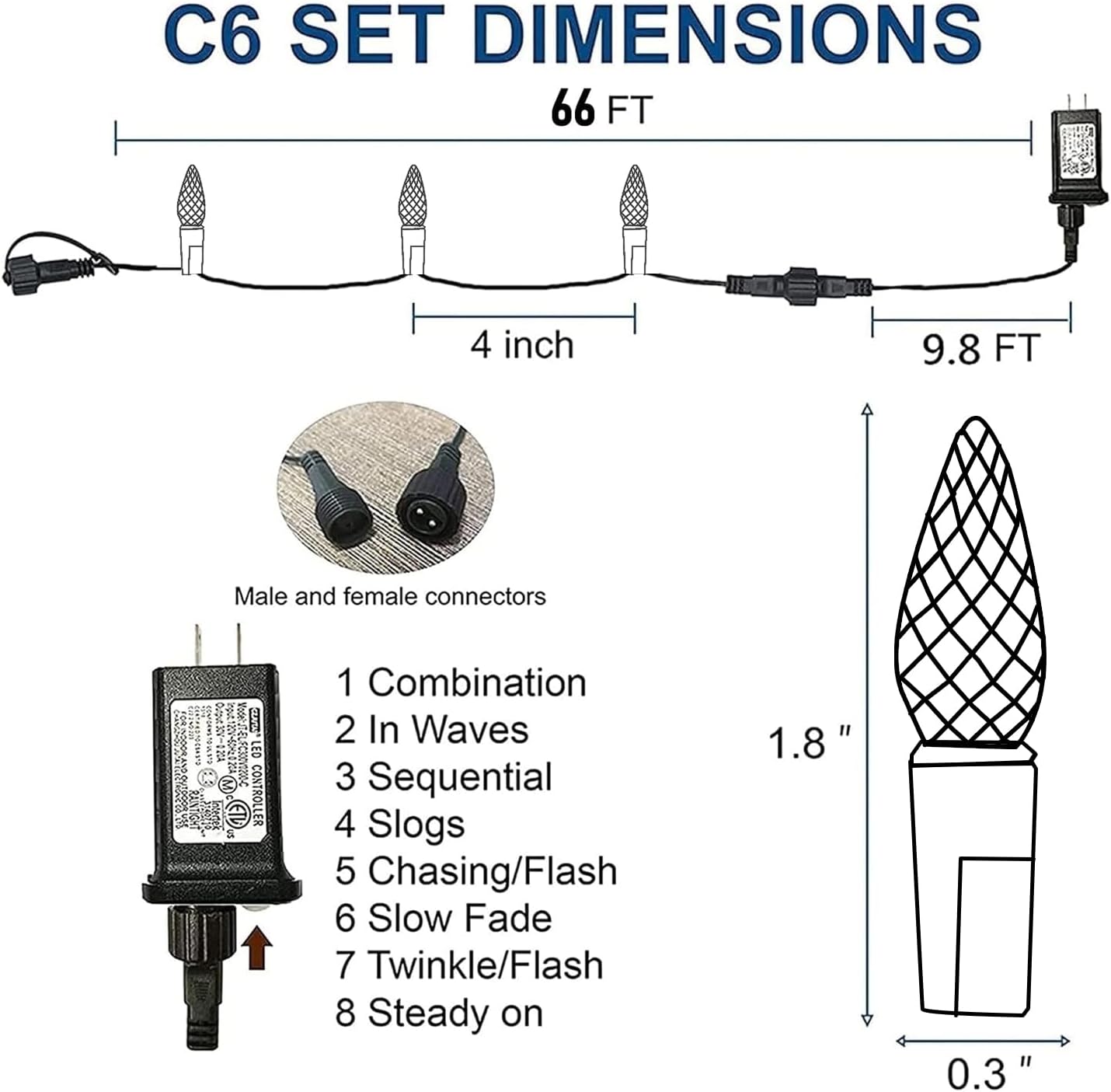 Dazzle Bright C6 Christmas String Lights, 200 LED 66 FT Waterproof Connectable String Lights with Timer, 8 Modes Christmas Lights for Indoor Outdoor Garden Yard Xmas Tree Decoration (Multi-Colored)