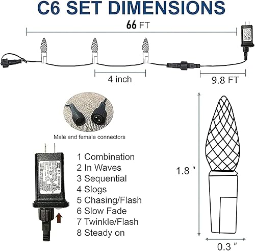 Miniatura 2 de Dazzle Bright C6 - Tira de luces de Navidad, 200 luces LED de 66 pies, impermeables, conectables con temporizador, 8 modos de luces de Navidad para