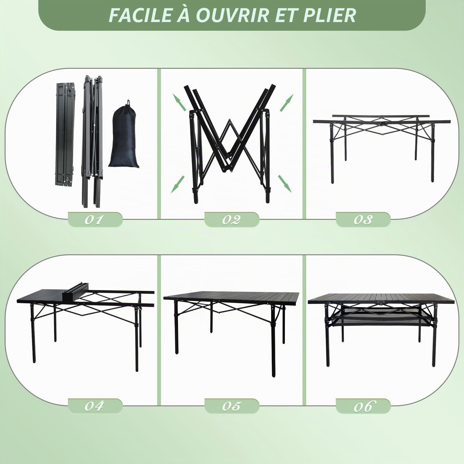 Table de Camping Pliante en Aluminium pour 4-6 Personnes Table Pliante Exterieur Charge Maximale 80 kg avec Poches en Filet pour Jardin Pique-Nique Plage Terrasse 140 x 70 x 70cm Noir