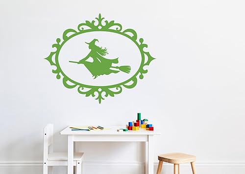 Miniatura 7 de Calcomanía de pared de vinilo para Halloween, bruja en silueta de marco ovalado, divertida decoración navideña, calcomanía para ventana, decoración