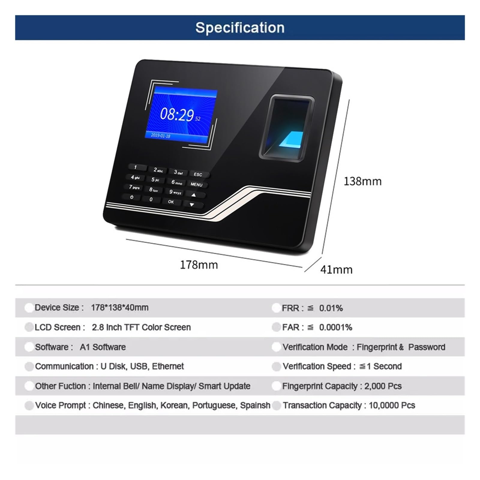 Pointage en Machine, Système de présence par Empreinte Digitale TCPIP, USB, contrôle d'accès par Mot de Passe, Horloge de Bureau, Dispositif d'enregistrement des employés, Machine biométrique Horloge
