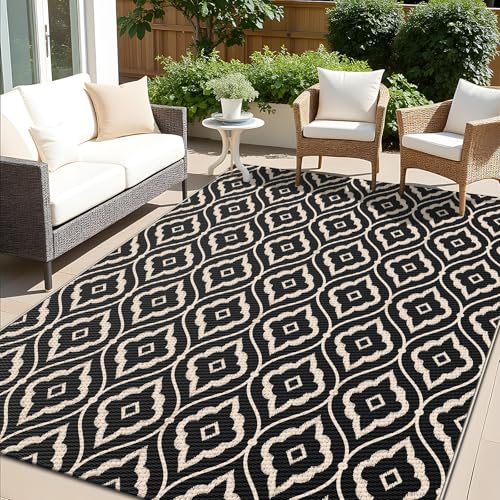 OLANLY Outdoor Rug 5x8 ft Waterproof Reversible Floral Mat, Black & Beige