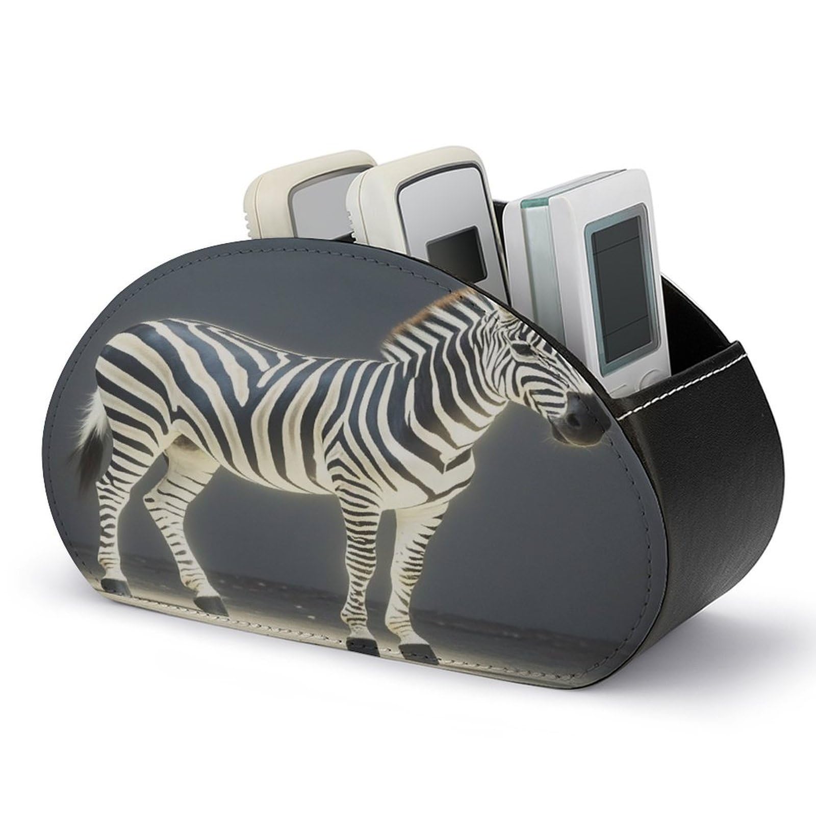 FekiLoot Glowing Zebra Remote Control Holder with 5 Compartments Multi-functional TV Remote Caddy Organizer Leather TV Remote Holder Desktop Organizer Store for Bedside Table Office Desk