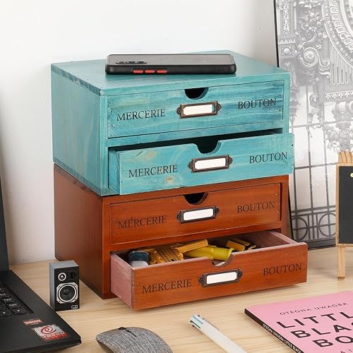 Miniatura 9 de Caja de almacenamiento de madera, organizador de escritorio rústico con 3 cajones, estante de accesorios de escritorio de oficina, contenedor grande