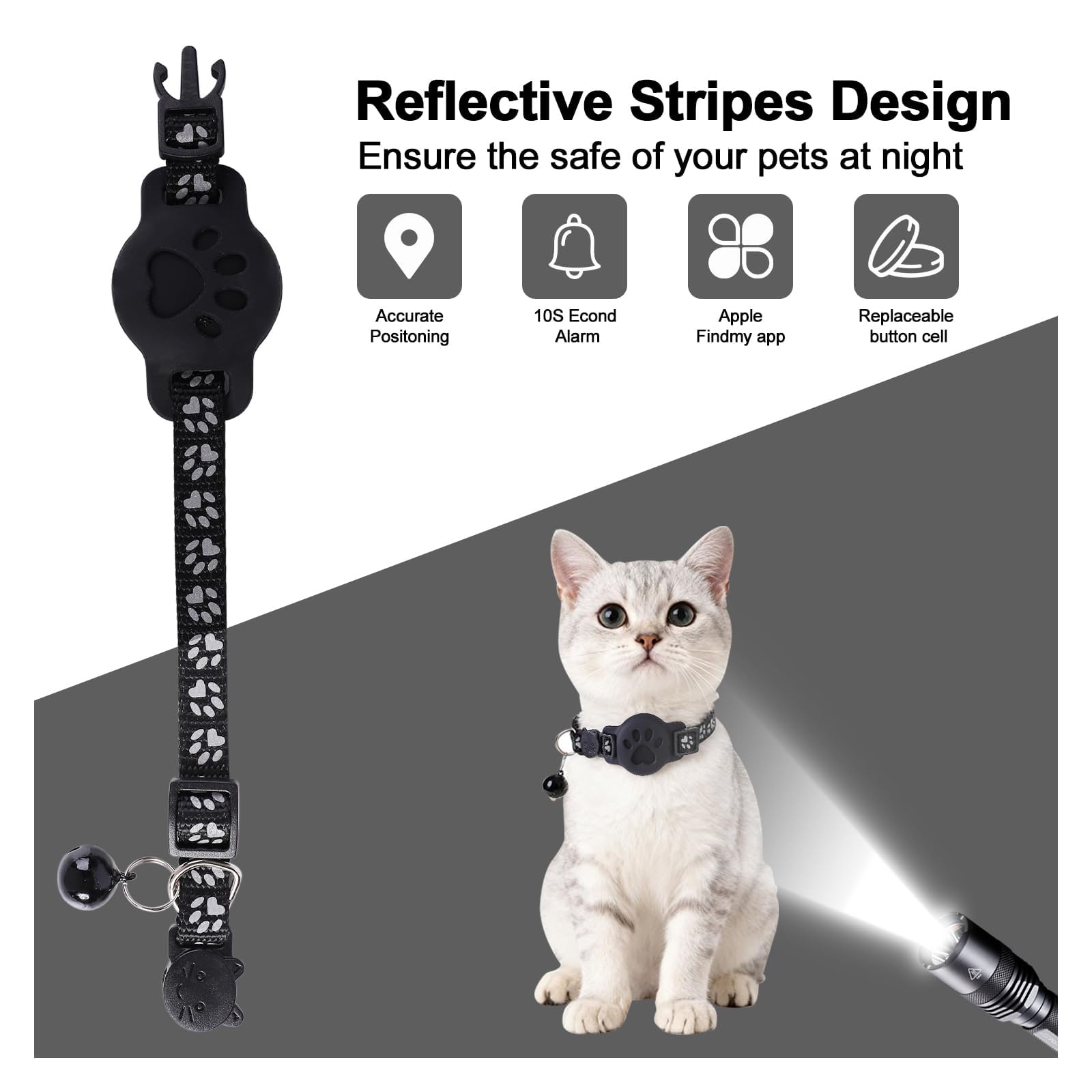 Collier GPS pour Chat avec Traceur Bluetooth Compatible avec Deux systèmes sans abonnement mensuel Traceur pour Animaux de Compagnie étanche, léger et réfléchissant Réglable et Amovible (19–32 cm)
