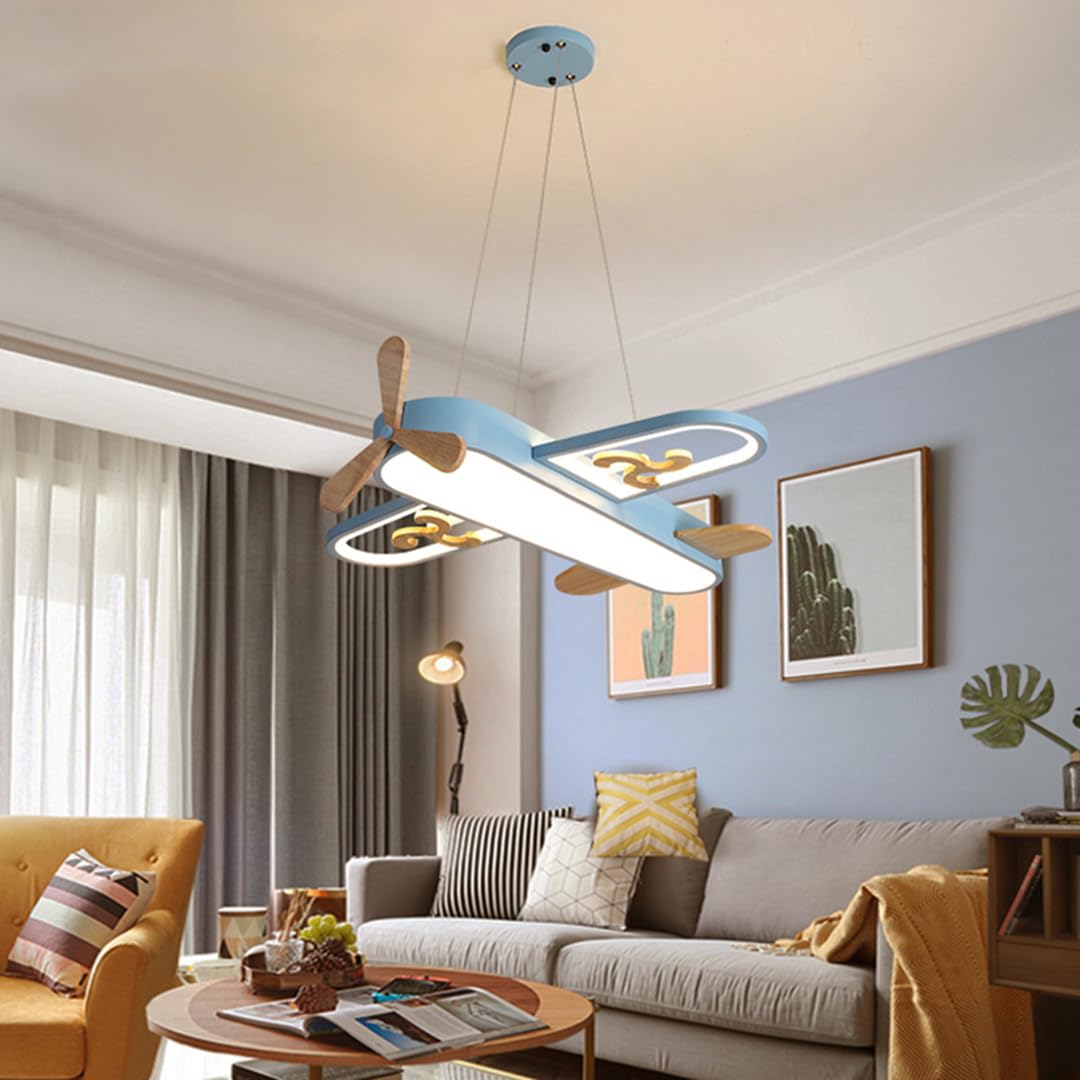 Lampe Suspension de chambre d'enfants LED bois plafonnier lustre d'avion de dessin animé moderne avec télécommande protection des yeux Pendentif lumière restaurant étude chambre Luminaire,Bleu