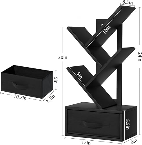 Miniatura 3 de Estante pequeño para libros con cajón, estantería de árbol negro de 4 niveles, estantería de escritorio de madera, estantería de almacenamiento de