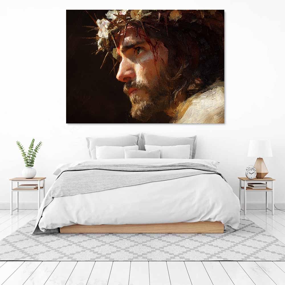 ZAMAEIU Jesus płótno sztuka ścienna nowoczesna korona cierniowa kwiat chrześcijański plakat obraz inspirujący religijny wystrój do salonu, kościoła lub pokoju modlitwy (beżowy) - 30 x 50 cm oprawiony