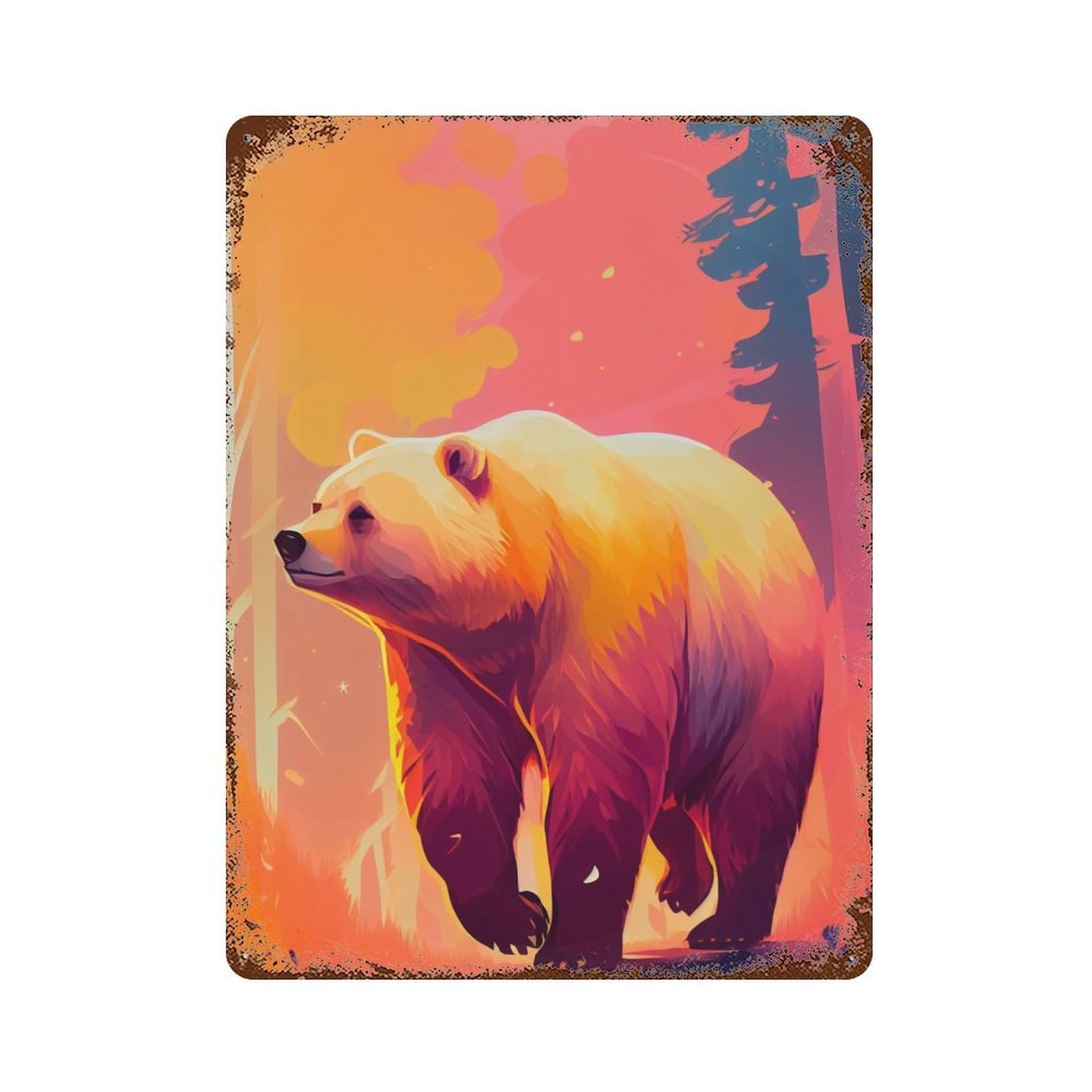 Bear Sunset 15.7"x11.8" Vintage Rust Metal Sign, Shabby Chic Decor for Garage, Bar And Workshop Decor