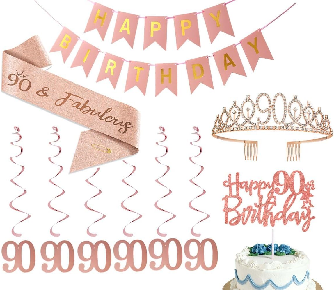 90th Birthday Sash & Tiara Set For Women - Sparkling Crystal Crown And Satin Sash For Milestone Celebration