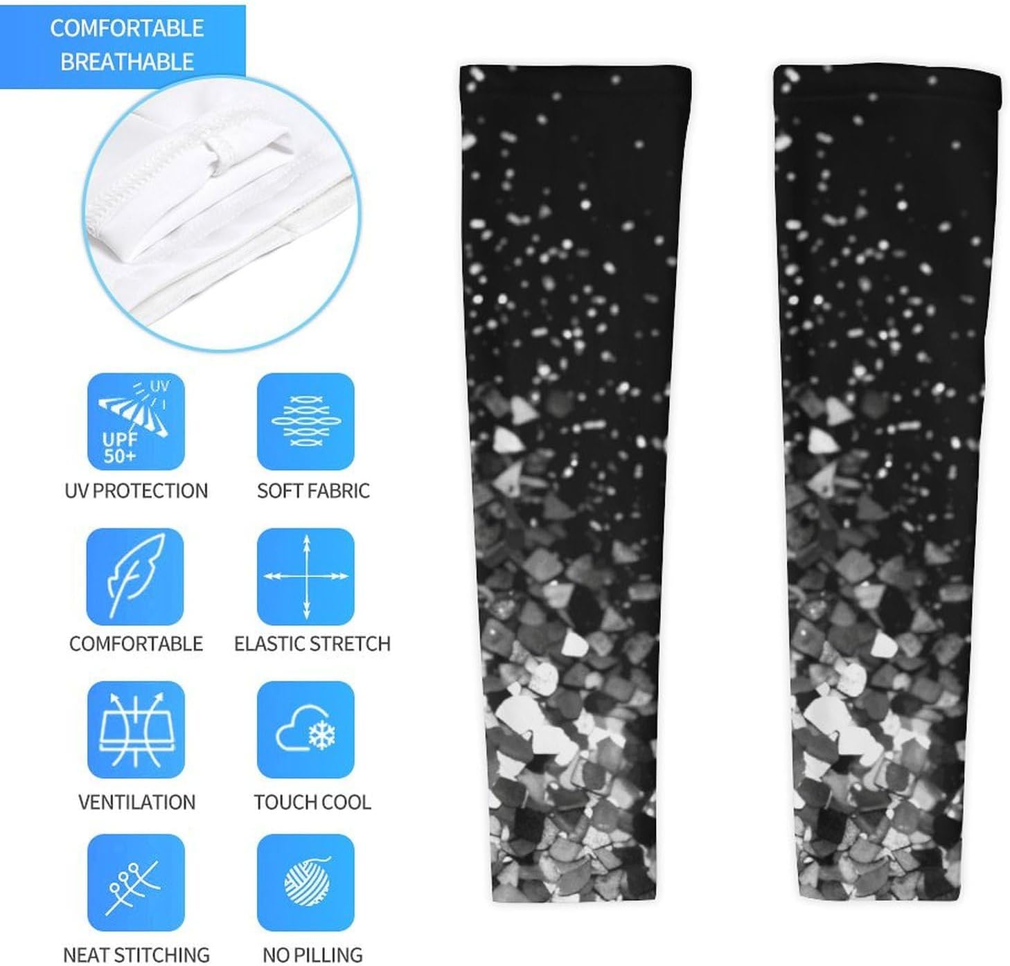 Black White Glitter Arm Sleeves for Men Women Sun Protection Sleeves Cooling Compression Arm Covers for Sport