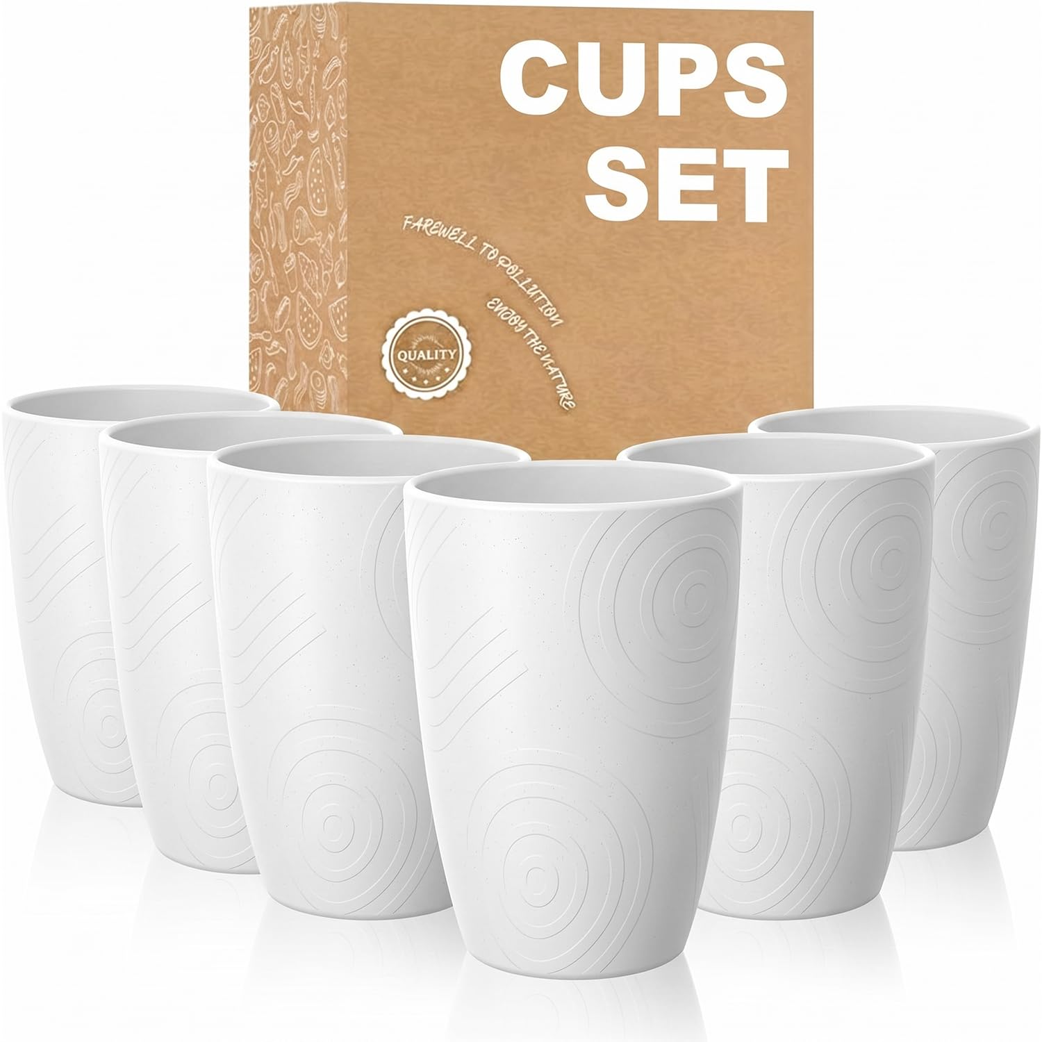 Wrova Reusable Plastic Cups | Set of 6 | Unbreakable Plastic Glasses 350ML Cup Sets Dishwasher and Microwave Safe, Lightweight Plastic Cup for Kitchen, Camping, School - White