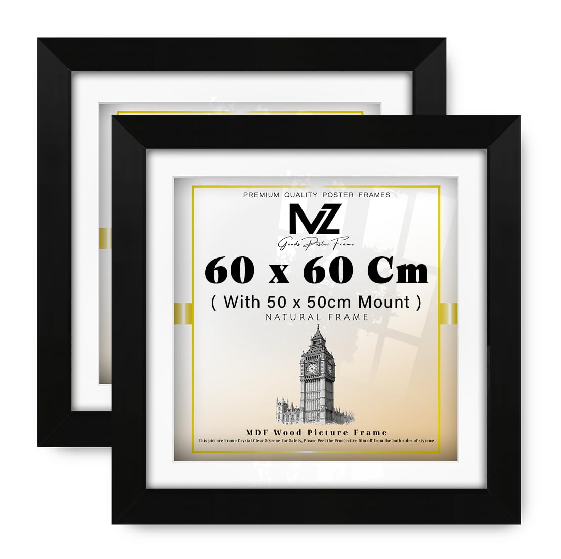 MZ GOODS pack of 2 MDF Modern Diploma Frame (60 x 60 Cm) with 50 x 50 Cm White Mount Stylish Display | 24X24 Inch Certificate, Poster, Photo, Professional Frame [ Matt Black ]