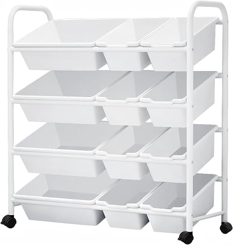 Durable 4-Tier Kids Steel-Framed Toy Organizer - 12 Storage Bins
