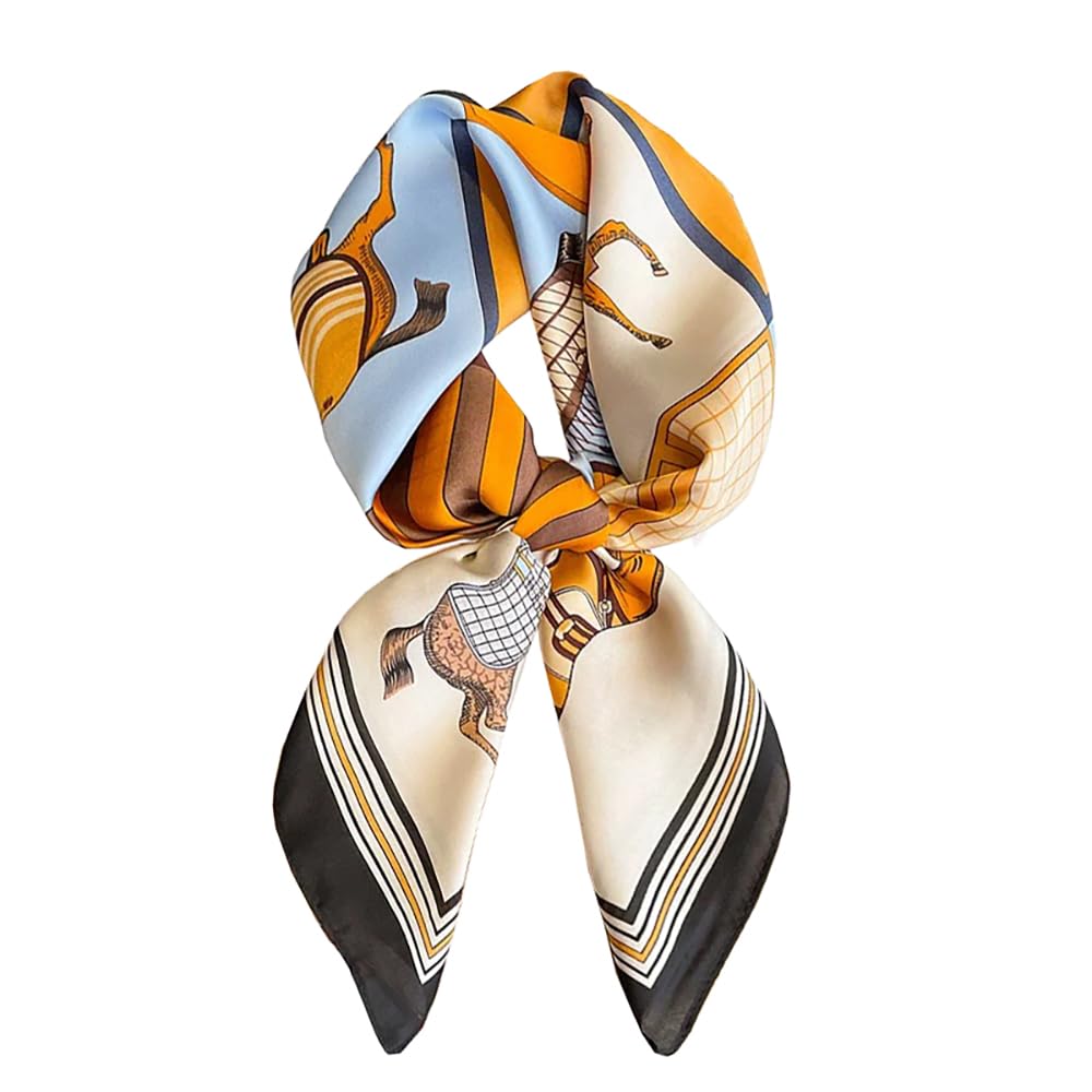 ANDANTINO 100% Pure Mulberry Silk Square Scarf for Hair-27'' Women Men Natural Silk Neckerchief Digital Printed Headscarf, Horses-blue&brown, Medium