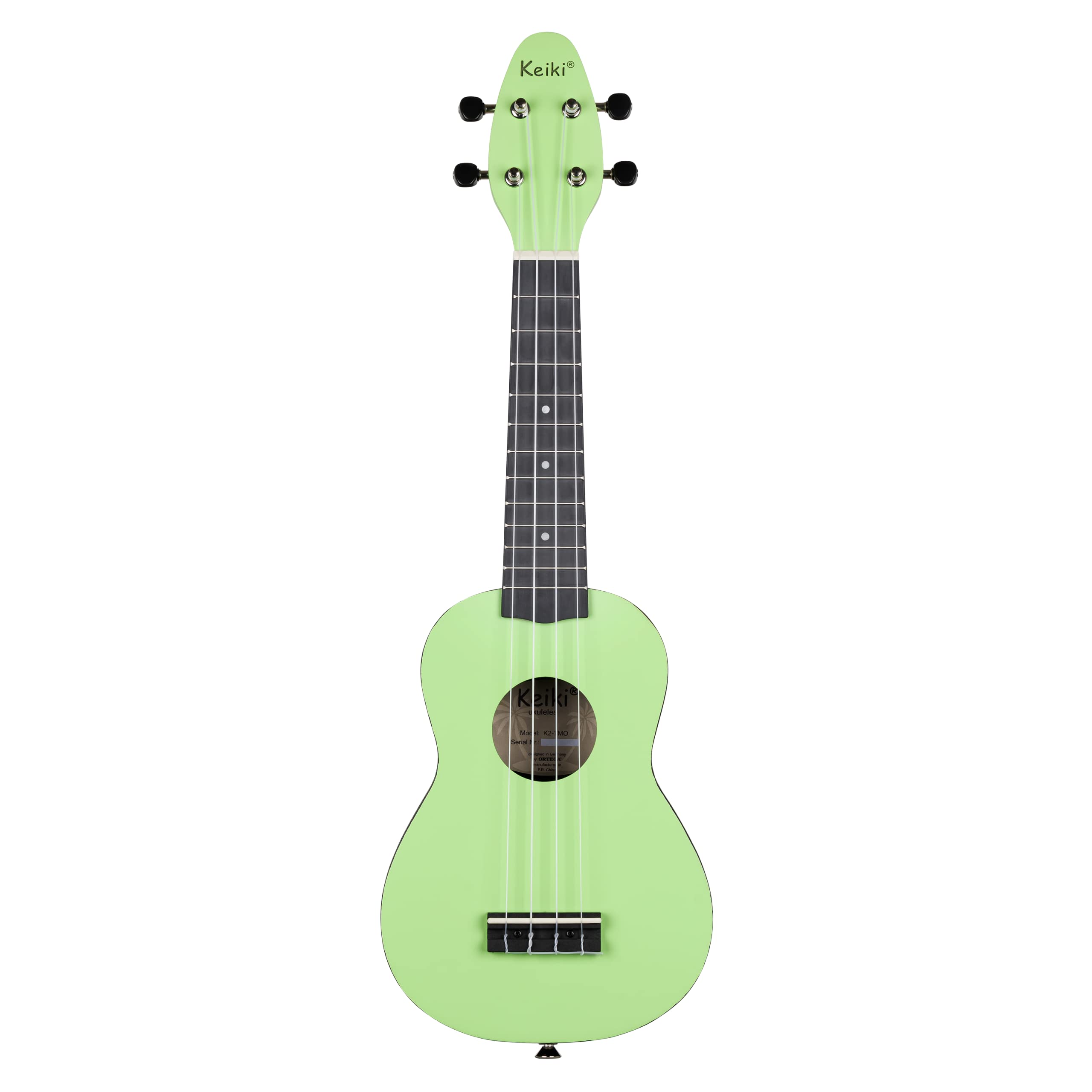Ortega Guitars Ukelele Soprano verde - Keiki K2 - Kit de inicio incluye afinador, correa, 5 púas medianas y bolsa de dibujo - pastel/tomatillo (K2-TMO)