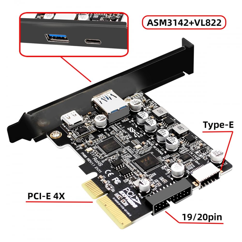 CY Adaptateur 10 Gbit/s Type-E USB 3.1 Prise Frontale et USB 3.0 19 broches/20 Broches et Type-A USB-C vers PCI-E Express Card Adapter ASM3142 VL822