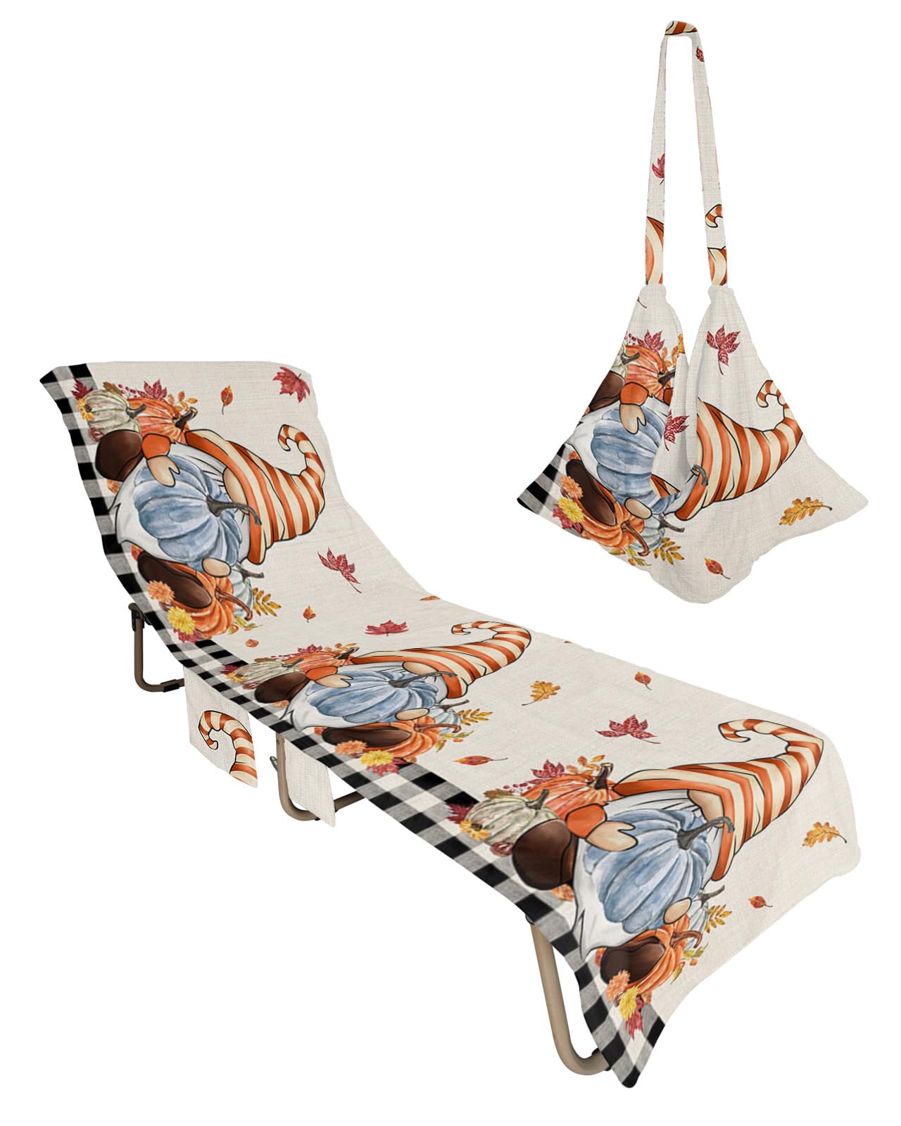 Thanksgiving Plaid Beach Chair Towel Covers for Chaise Lounge with Side Pocket, Soft Plush Pool Towels Cover for Patio Sunbathing Outdoor 29''x85'' Buffalo Check Gnomes Pumpkins Black Beige