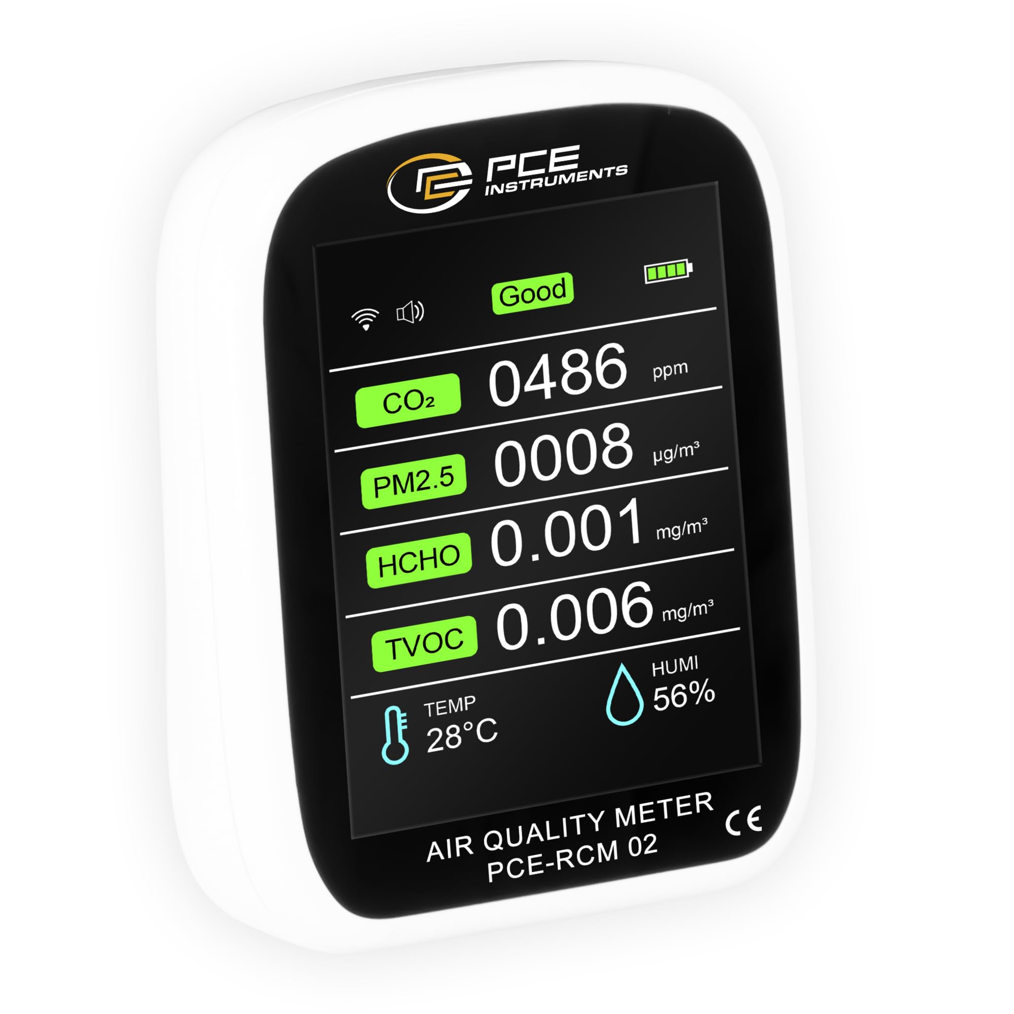 Medidor de Calidad del Aire PCE-RCM 02 / Medición de partículas PM1, PM2,5, PM10 / Medición de CO2, formaldehído, TVOC, Temperatura y Humedad Ambiental/Conxión Wi-Fi/PCE Instruments