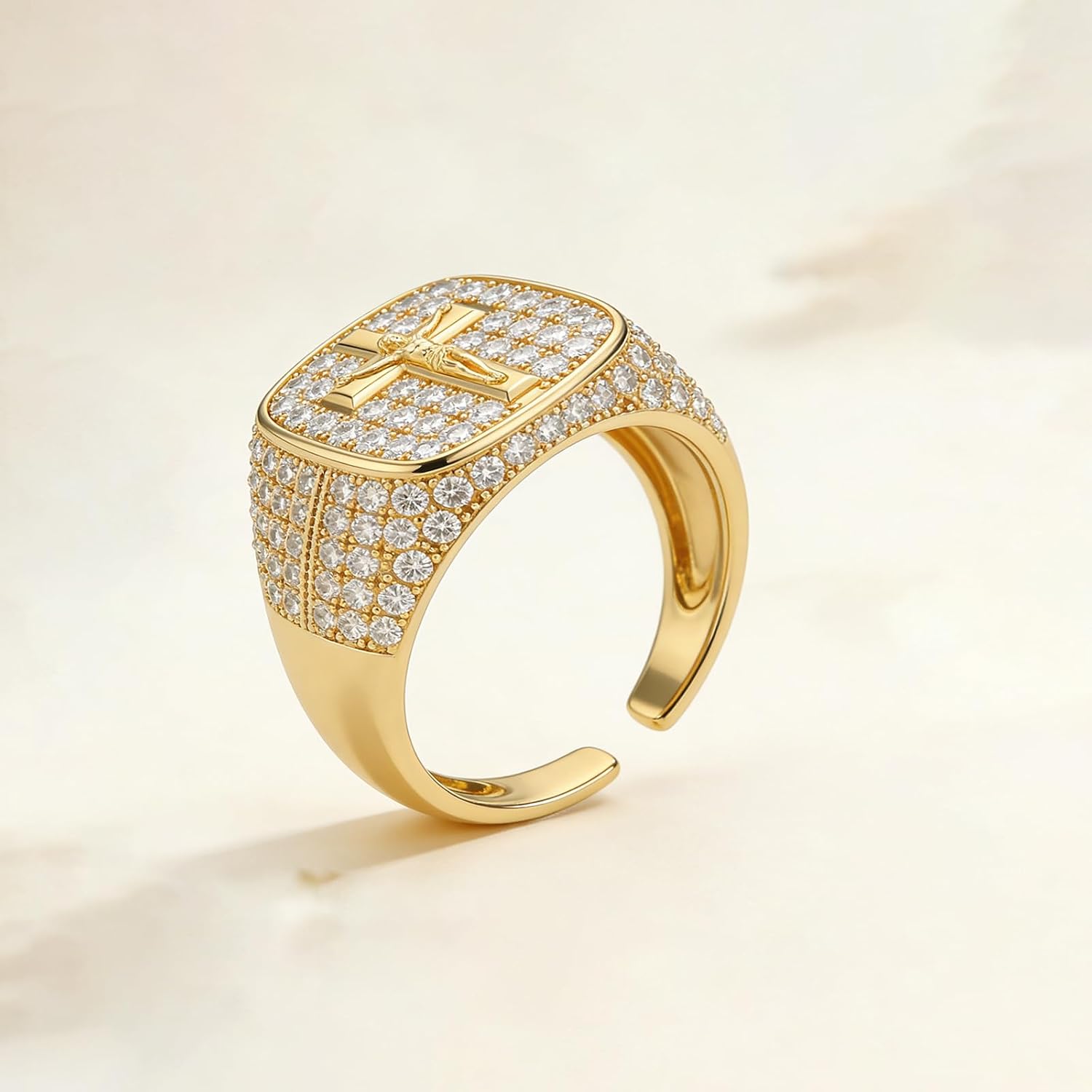 Dolphin smile Men's Cross Ring, 14K Gold-Plated Christian Jesus Prayer Signet Ring, Adjustable Size